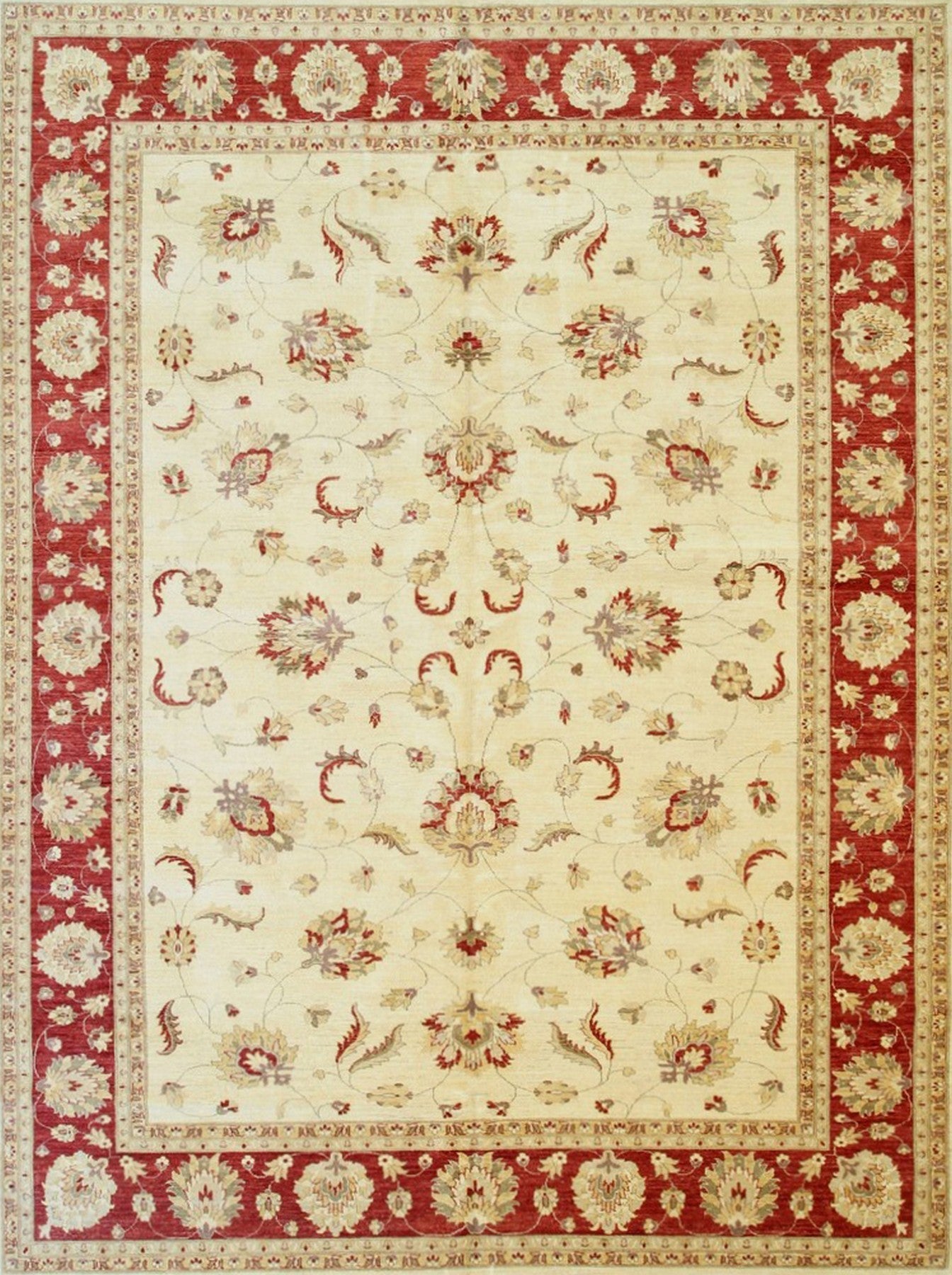 Ivory & Red Hand Knotted Peshawar Rug