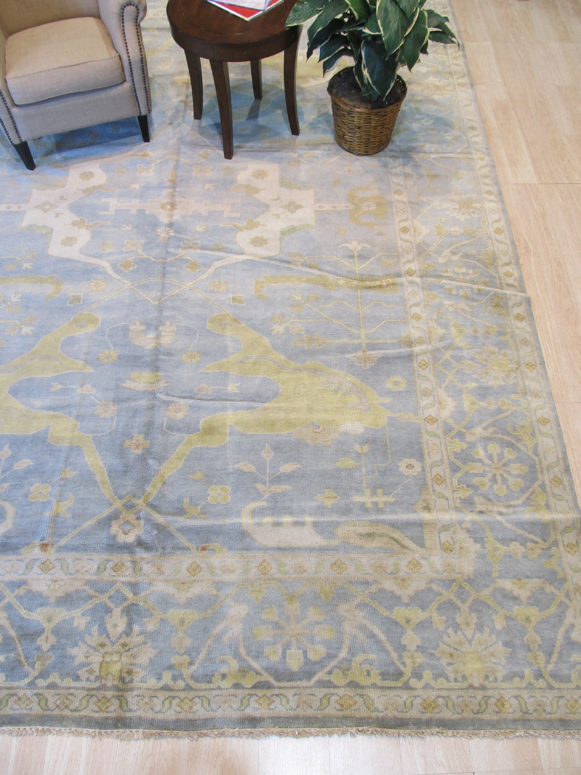 Powder Blue &amp; Gold Hand Knotted Oushak Rug