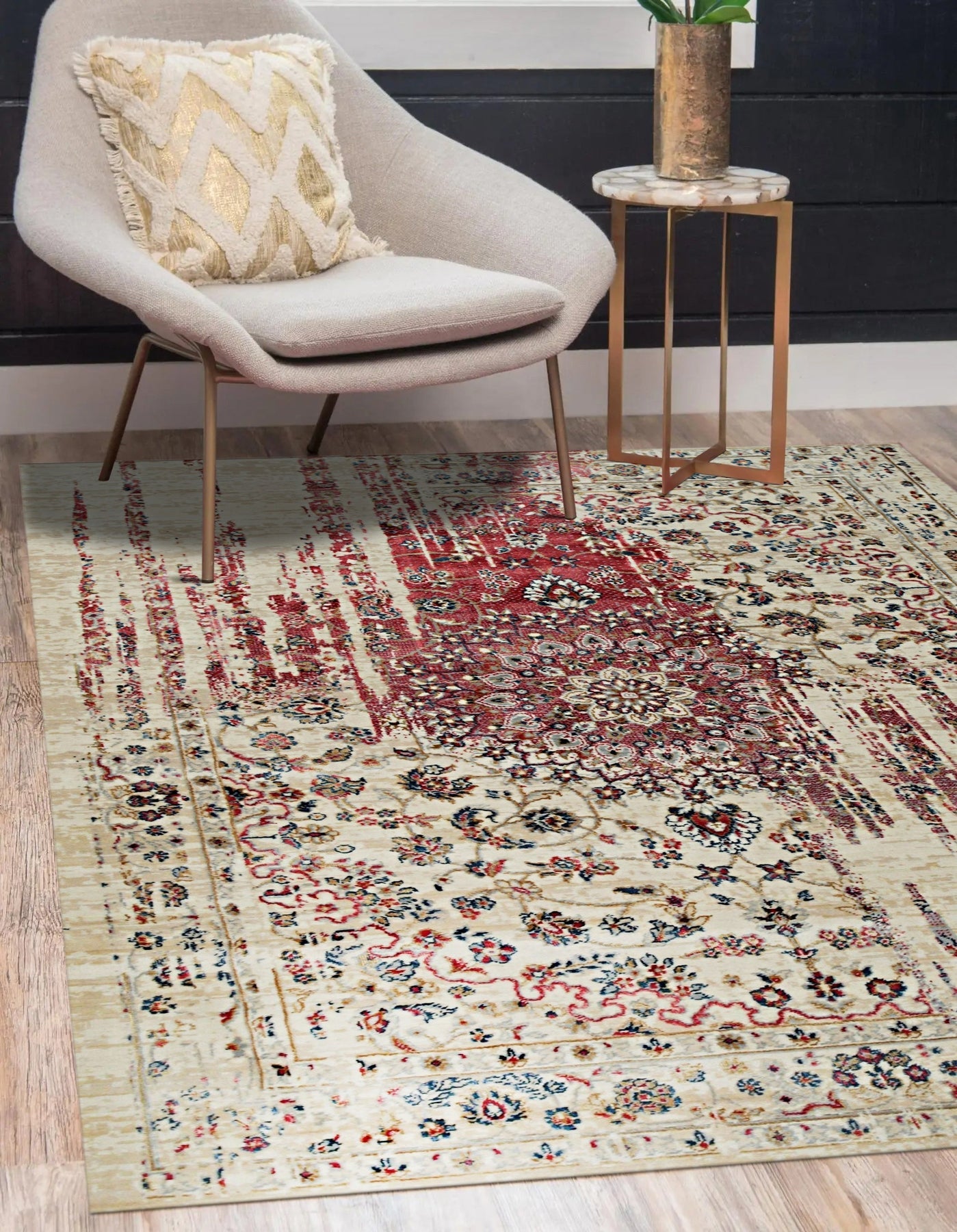 Exquisite Bianca Red Machine Made Wool & Viscose Rug, its intricate floral patterns blooming across a rich red field, its wool and viscose fibers catching the light to create a subtle sheen, showcasing a luxurious pile.