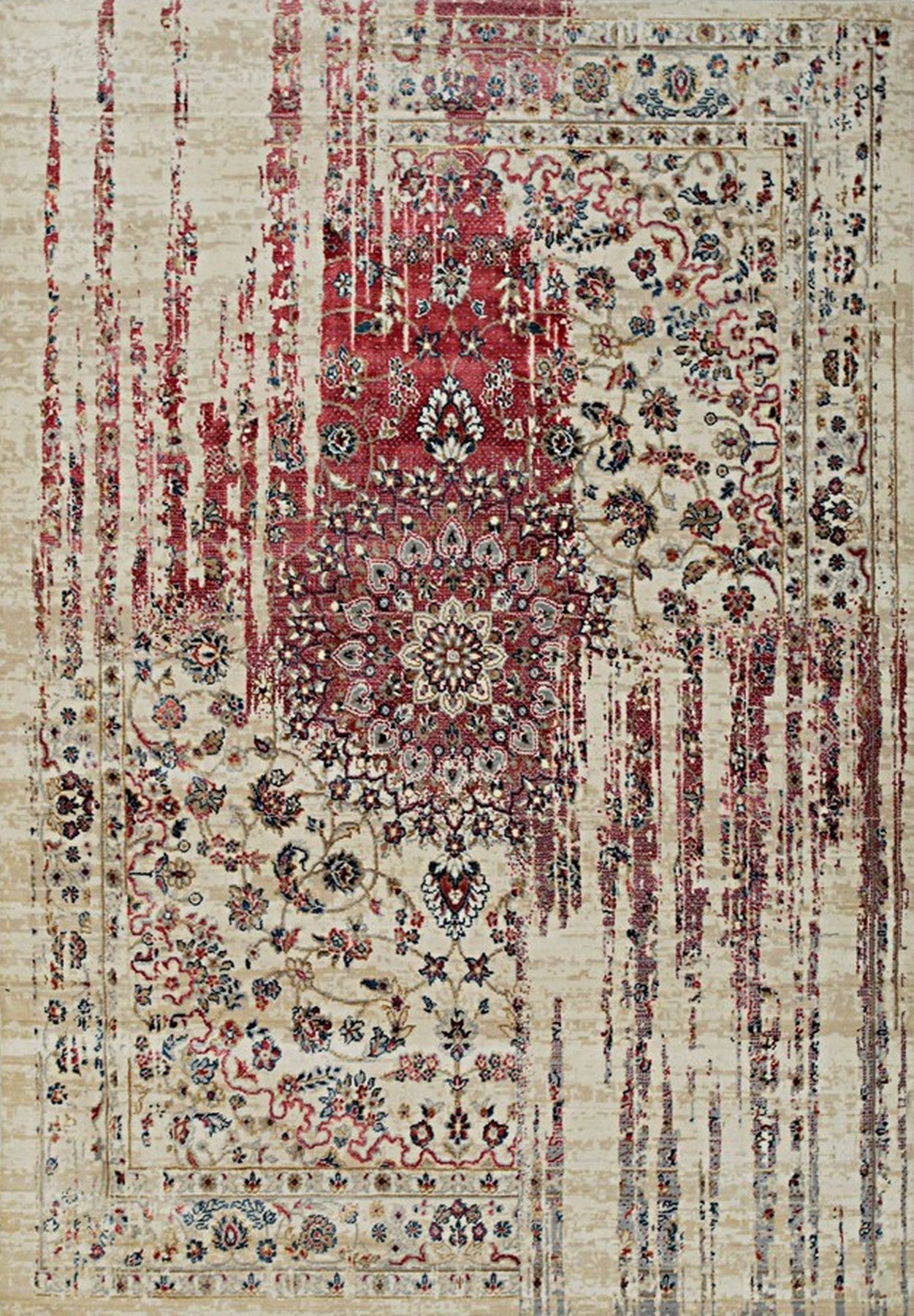 Isolated view of Exquisite Bianca Red Machine Made Wool & Viscose Rug, showcasing its intricate floral and geometric design in shades of red, cream, and subtle gold.