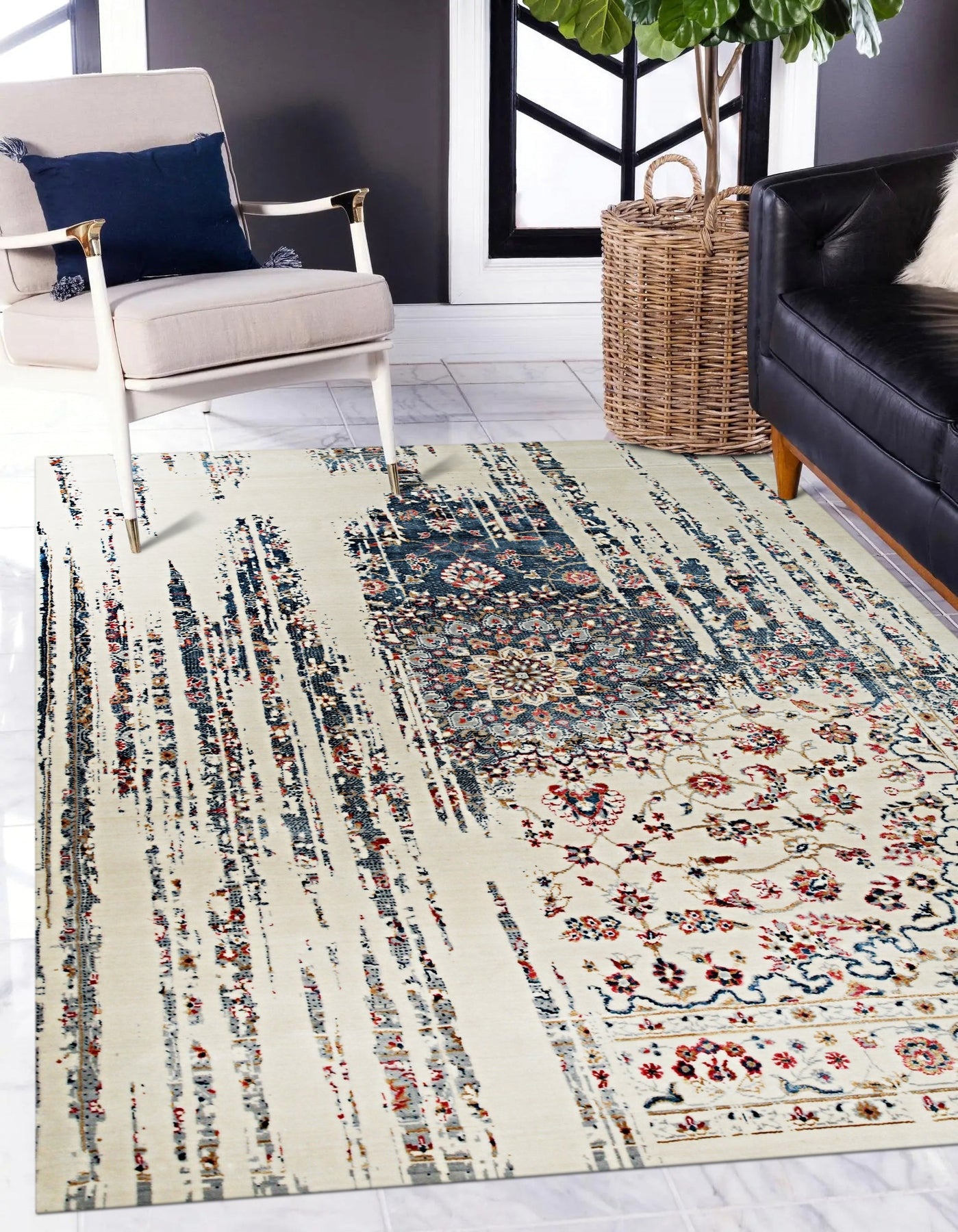 Penelope Elegant Teal Machine Made Wool & Viscose Rug, a teal and cream rug with an elegant, distressed design, filling a warmly lit living room with contemporary furniture.