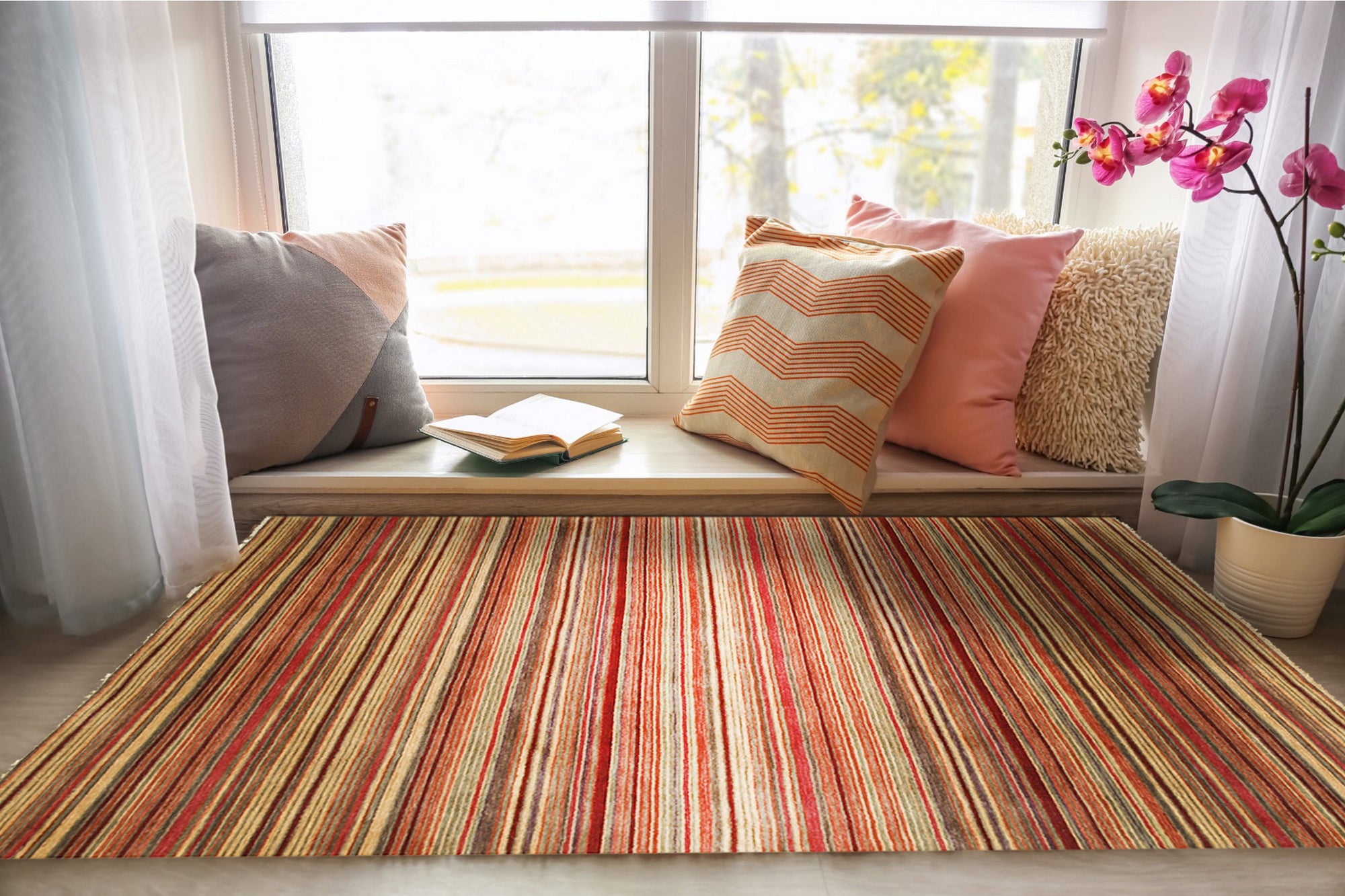 Lush Striped Red Flatweave Wool Rug, a vibrant red and cream striped wool rug with a flatweave construction, displayed in a bright, modern living space.