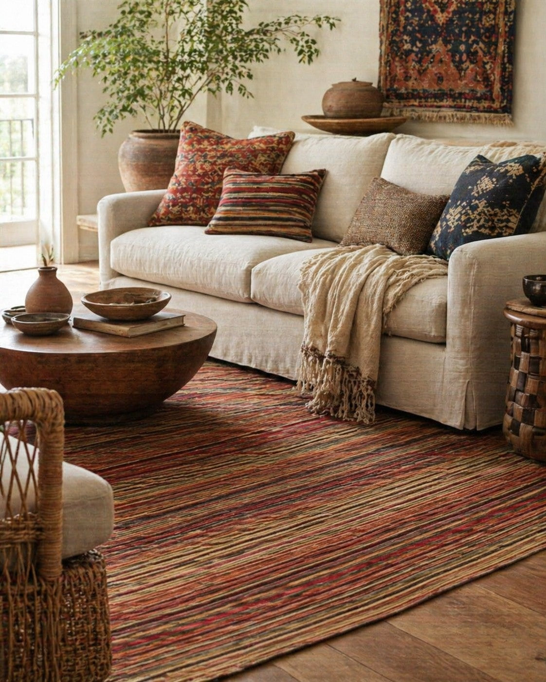 Lush Striped Red Flatweave Wool Rug styled in a bohemian living room - area rug lifestyle photo
