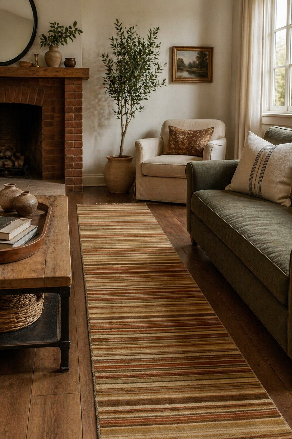 Ella Rustic Orange Handmade Wool Runner Rug 2x6 in a bright living room - orange striped runner rug
