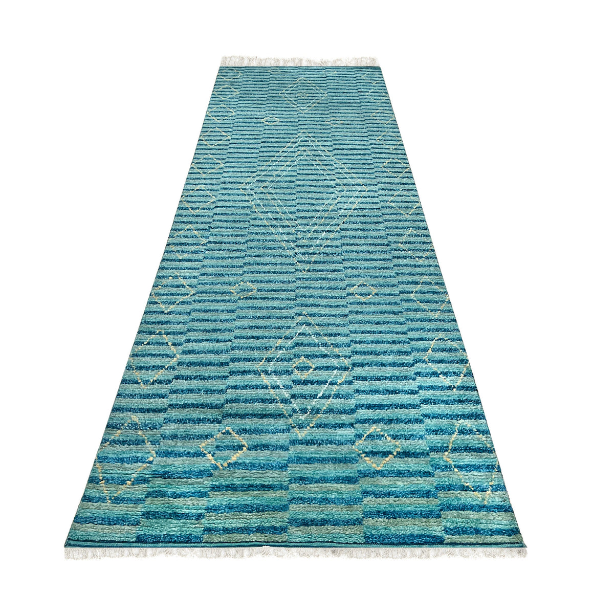 Exquisite Moroccan Handmade Wool Green Rug, showcasing dense, hand-knotted wool pile in varying shades of green and cream, with intricate geometric patterns characteristic of traditional Moroccan craftsmanship.