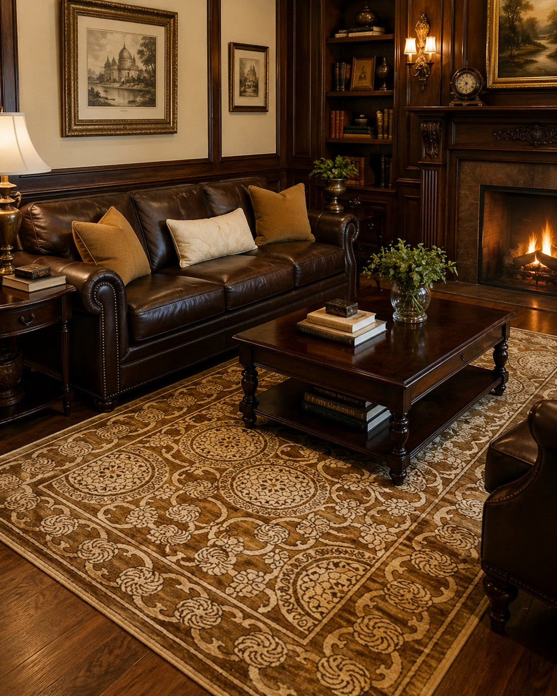 Tessa Ella Brown Hand Knotted Afghan Wool area rug styled in an elegant traditional living room with dark leather sofa and fireplace - lifestyle photo