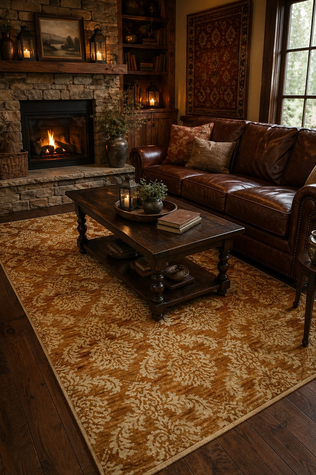 Rustic Bespoke Brown Hand Knotted Afghan Wool Rug styled in a warm traditional living room with stone fireplace and leather sofa - area rug lifestyle photo