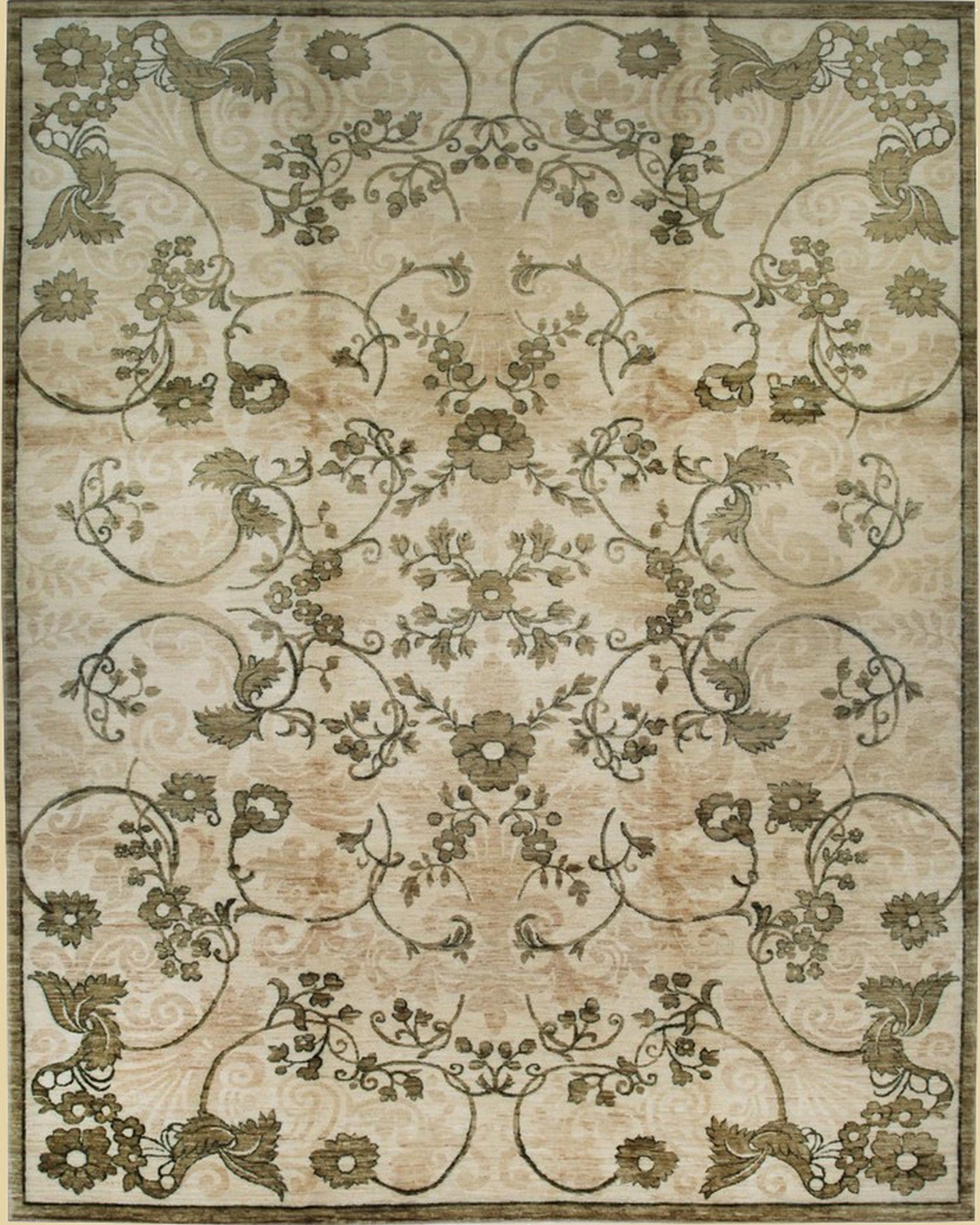 Ivory Afghan Botanical Elegance Turkish Knot Handmade Wool Rug