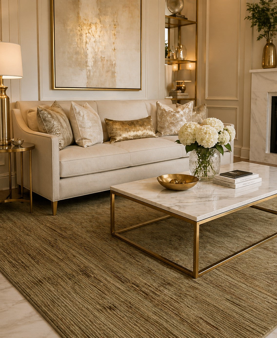 Para Bianca Gold Hand Knotted Afghan Wool Rug styled in an elegant living room with champagne sofa and brass accents - area rug lifestyle photo