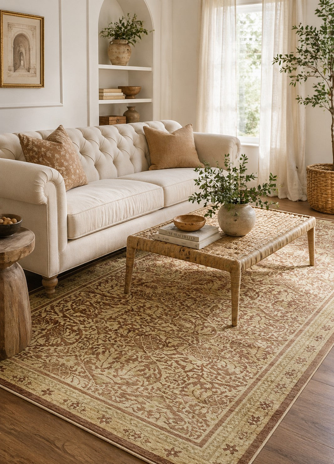 Sloane Lydia Beige Hand Knotted Afghan Wool Rug styled in a serene elegant living room with ivory tufted sofa and natural organic decor - area rug lifestyle photo