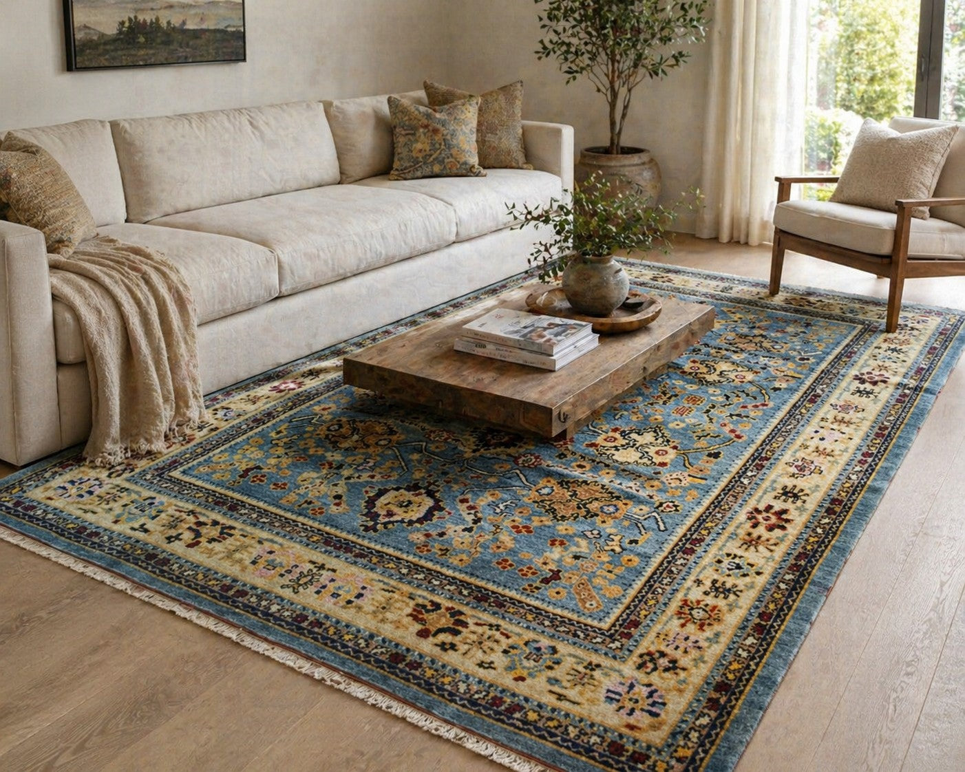 Azure Elegance Handmade Mohair Oushak Rug styled in a modern living room - area rug lifestyle photo
