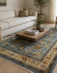 Azure Elegance Handmade Mohair Oushak Rug styled in a modern living room - area rug lifestyle photo