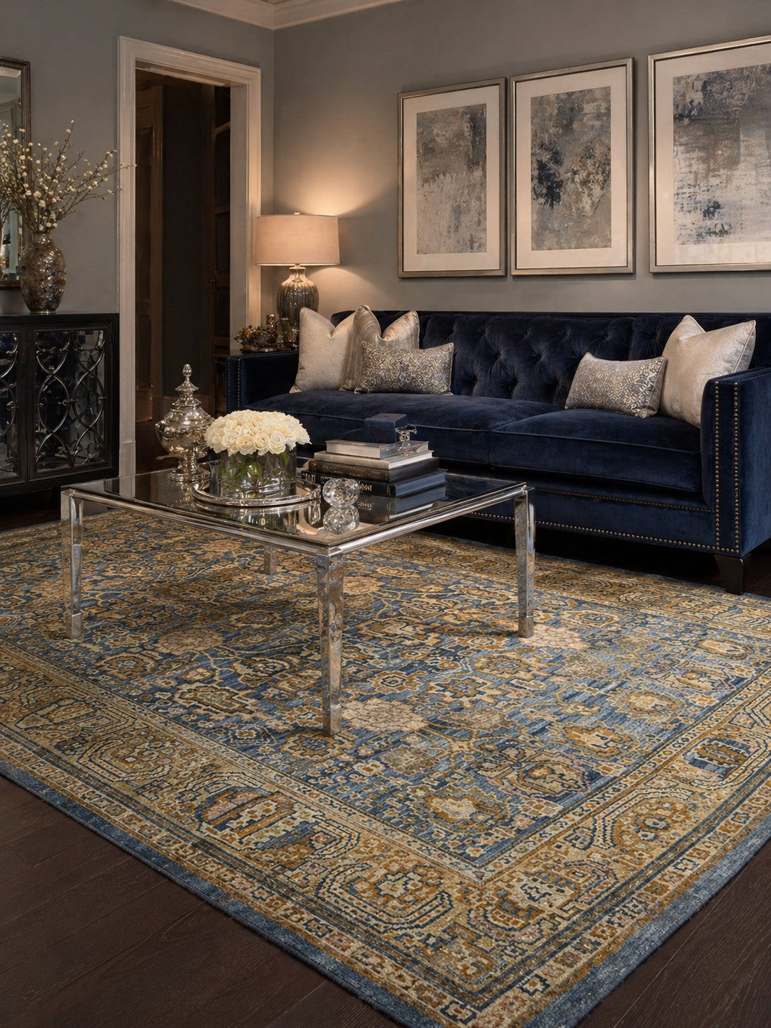 Violet Traditional Blue Mohair Hand Knotted Rug in a sophisticated formal living room with navy velvet sofa and chrome coffee table - lifestyle photo