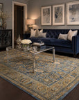 Violet Traditional Blue Mohair Hand Knotted Rug in a sophisticated formal living room with navy velvet sofa and chrome coffee table - lifestyle photo