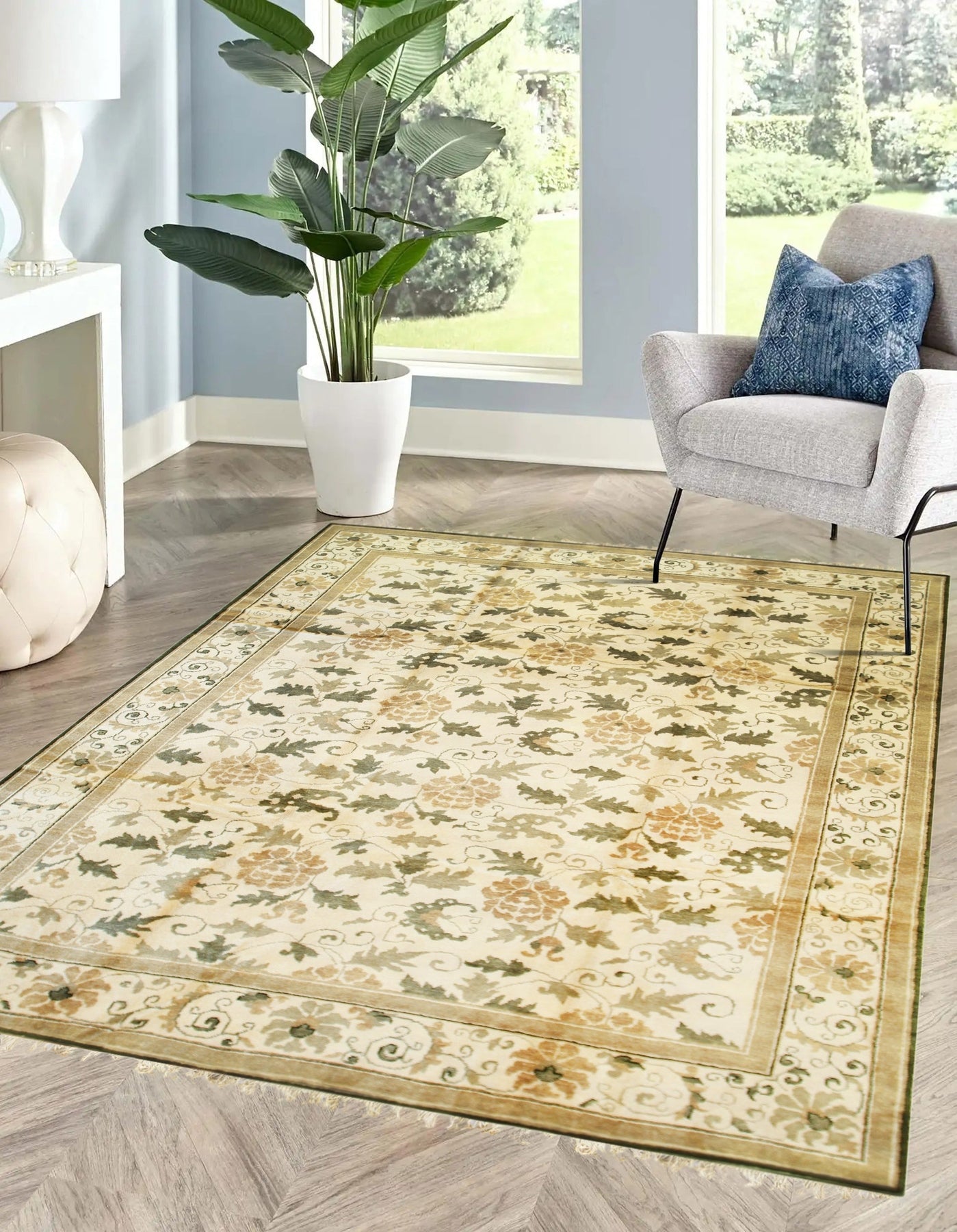 Charming Vibrant Beige Hand Knotted Wool Rug, its soft beige hues and intricate hand-knotted wool design adding warmth to a modern living space, complemented by light wood flooring and minimalist furniture.