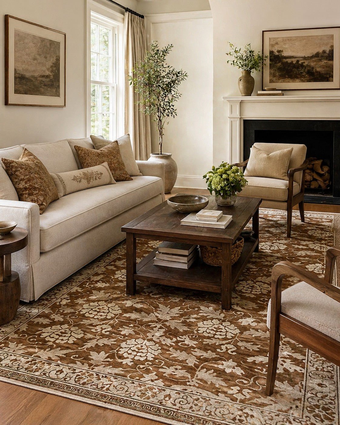 Handmade Wool Beige Transitional All Over NingxiaÂ  Rug, Made in India styled in a modern living room - area rug lifestyle photo