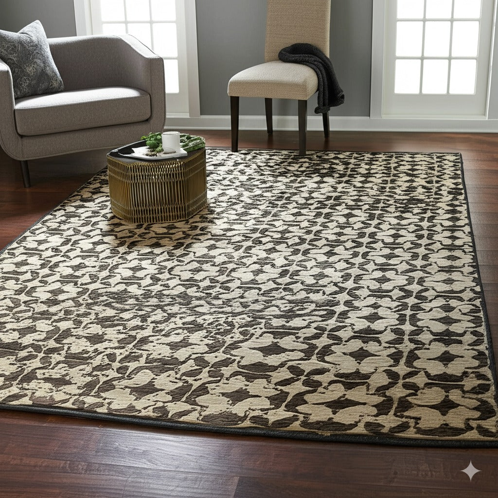 Dazzling Delicate Black Hand Knotted Wool Rug