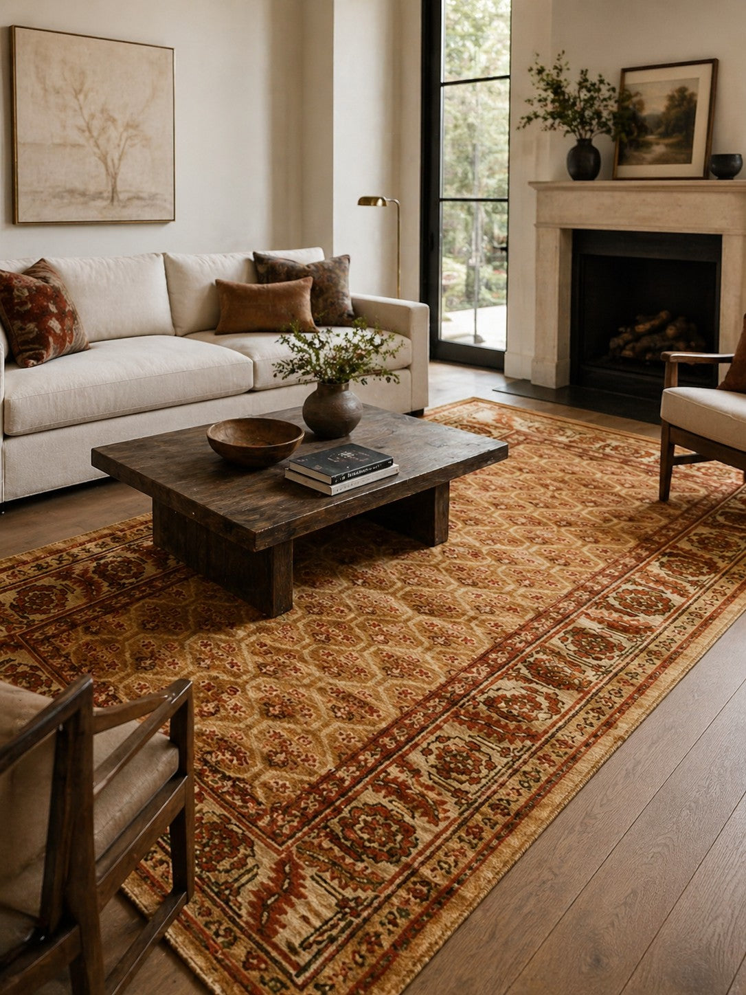 Giselle Zinnia Brown Hand Knotted Wool Rug styled in a modern living room - area rug lifestyle photo