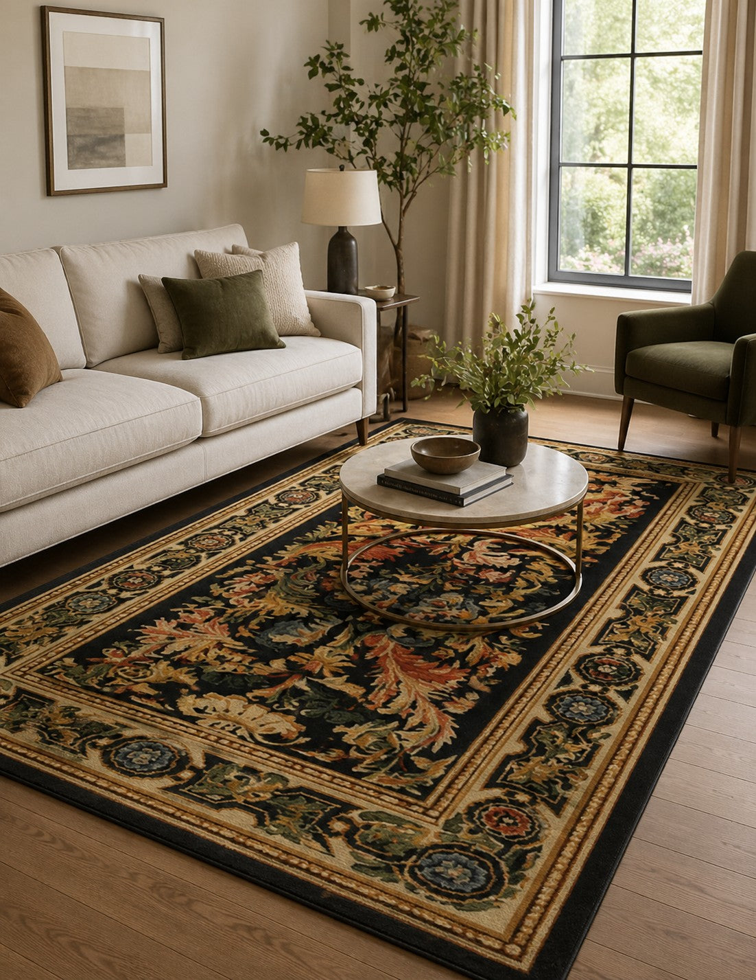 Cozy Sophie Black Hand Knotted Wool Rug styled in a modern living room - area rug lifestyle photo