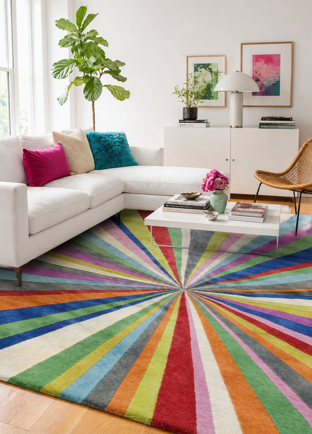 Louie Enchanting Multicolored Hand Tufted Wool Rug styled in a modern eclectic living room - colorful area rug lifestyle photo