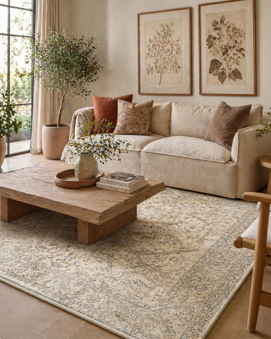 Warm Bespoke Beige Hand Tufted Wool Rug in a cozy living room with cream linen sofa, oak coffee table, and botanical prints - lifestyle photo