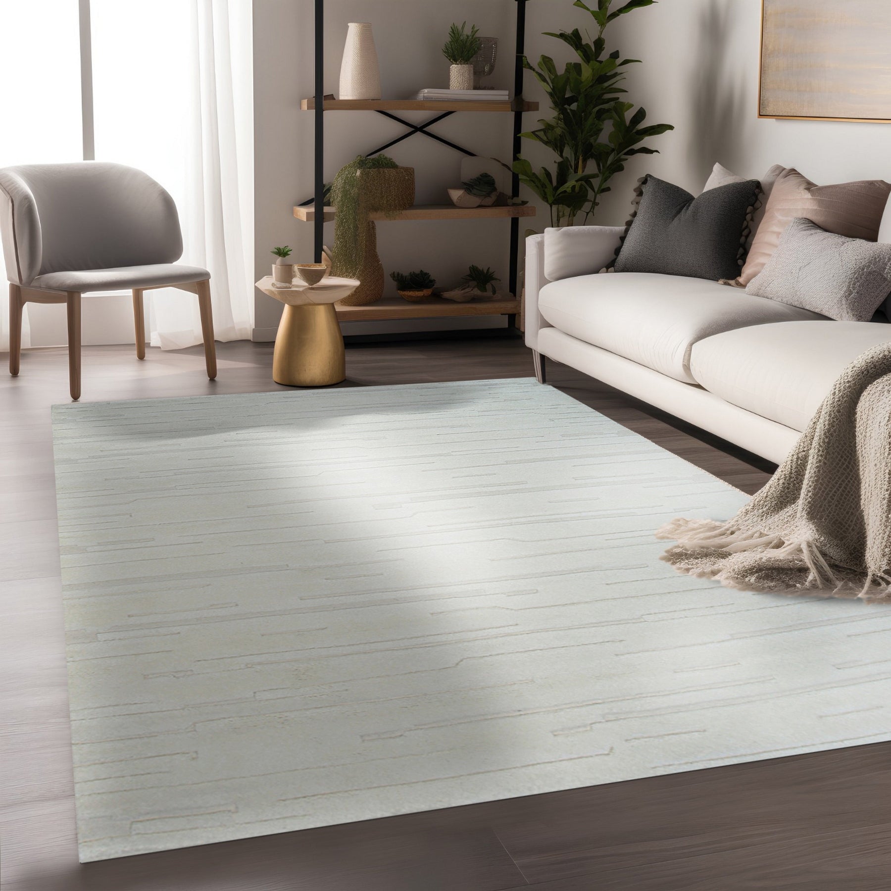 Para Vibrant White Hand Knotted Wool Rug, its plush white wool radiating warmth in a brightly lit living room, accentuating the modern design and hand-knotted texture.