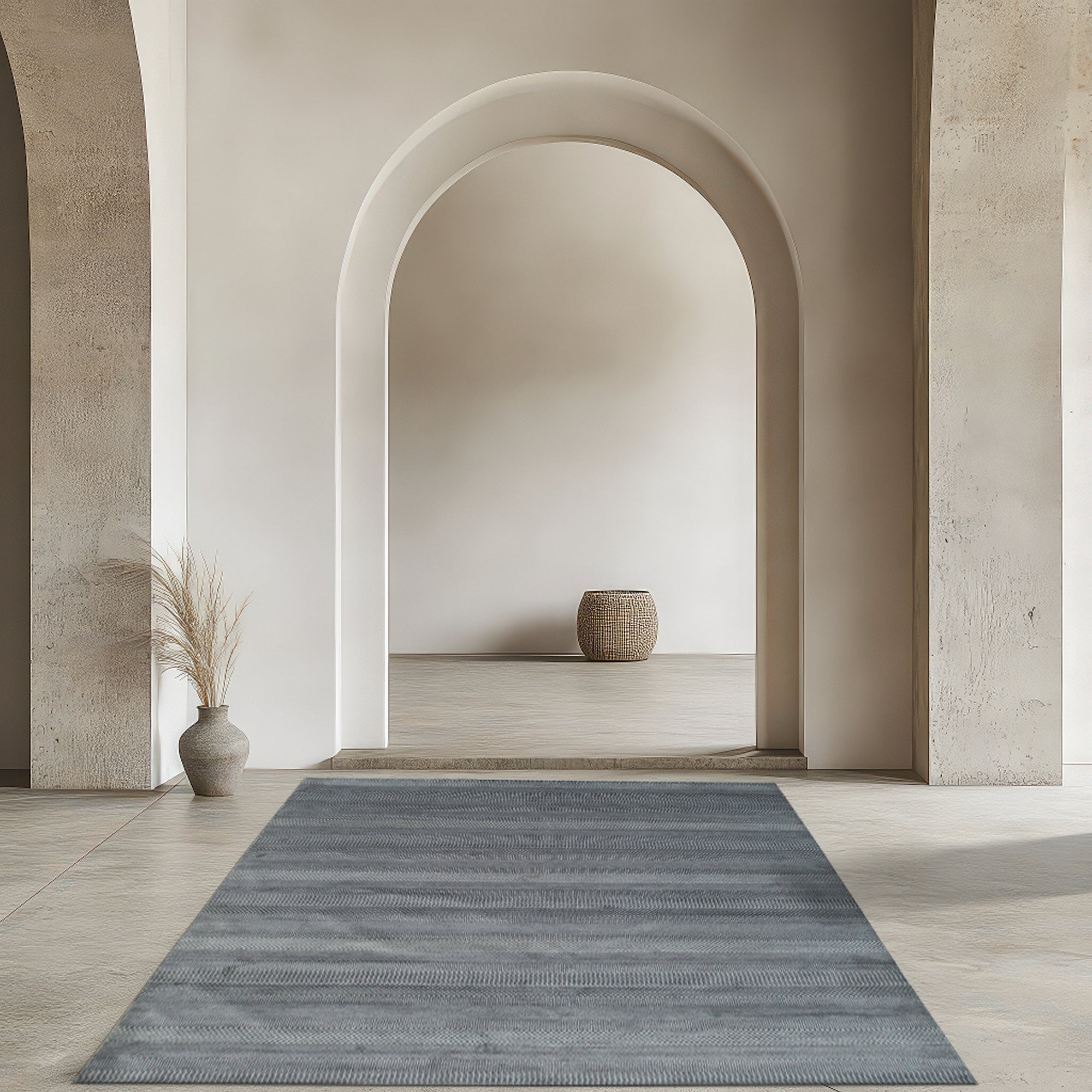 Graceful Comfortable Blue Hand Knotted Wool &amp; Viscose Rug, showcasing a detailed geometric pattern in varying shades of blue and cream, creating a serene and textured foundation for a contemporary living space.