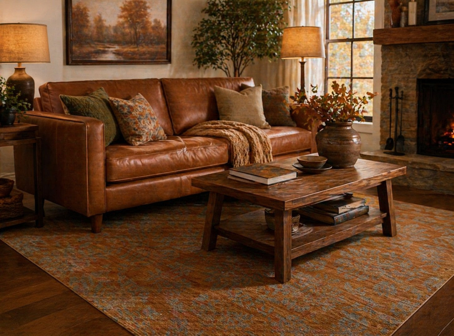 Ruby Inviting Brown Machine Made Wool Rug styled in a cozy living room with caramel leather sofa and warm amber lighting - area rug lifestyle photo