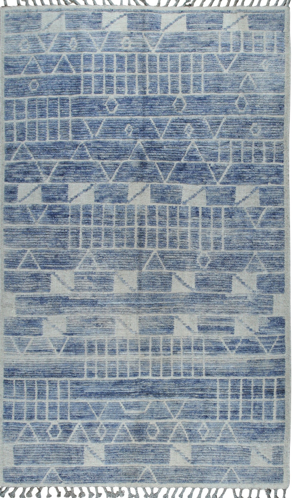 Isolated view of Elegant Marrakech Blue Hand-Knotted Wool Rug, showcasing its intricate geometric design and rich blue hues.
