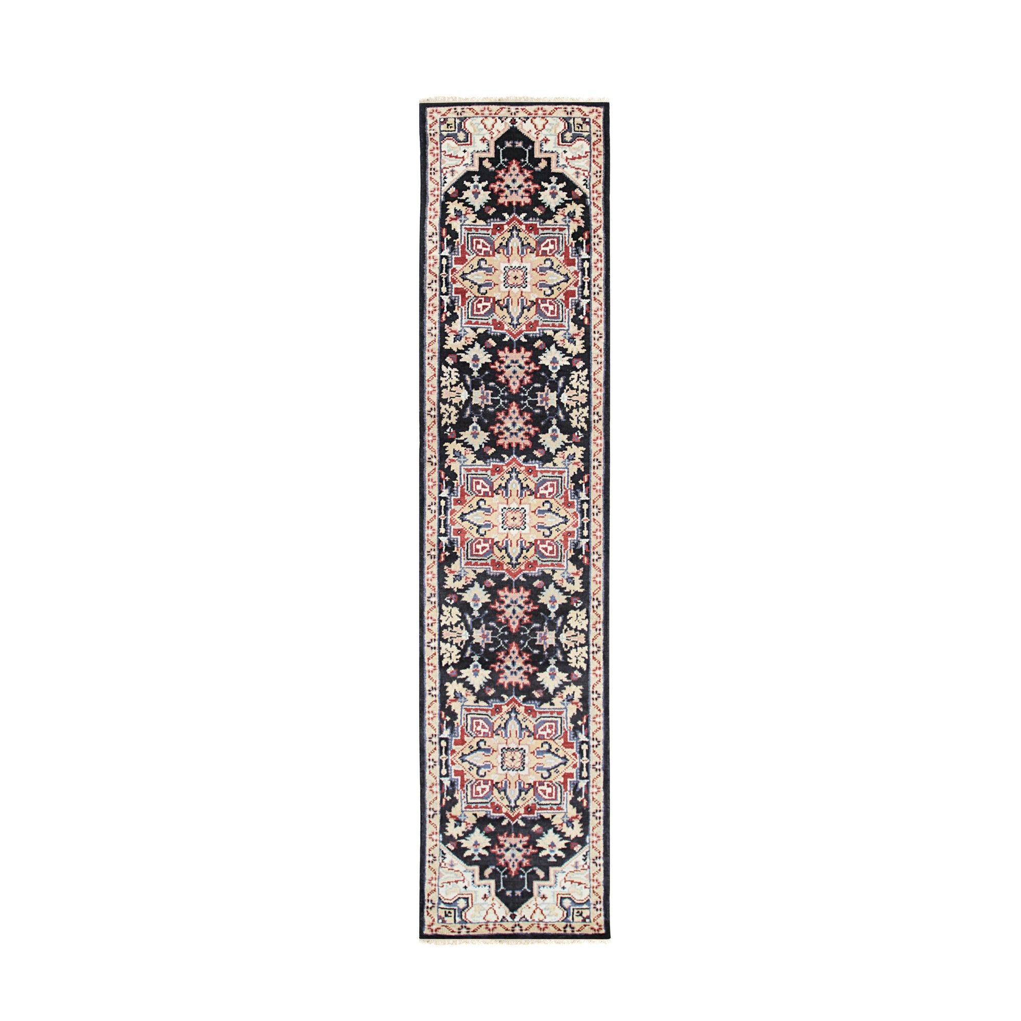 Ella Oriental Navy Hand Knotted Wool Rug, showcasing its intricate navy and ivory patterns, hand-knotted construction, and the warm ambiance it brings to the room.