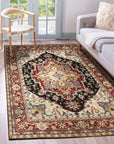 Ella Oriental Navy Hand Knotted Wool Rug, displays intricate navy and beige patterns. Hand-knotted construction offers depth and texture, visible against a light surface.