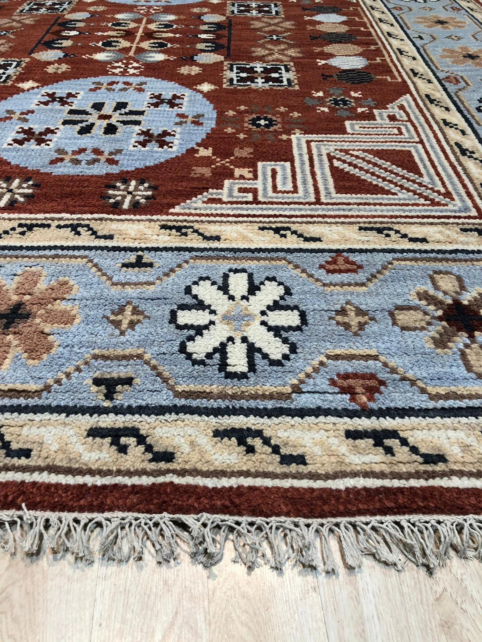 Rust Floral Khotan Traditional Handmade Wool Artisan Rug