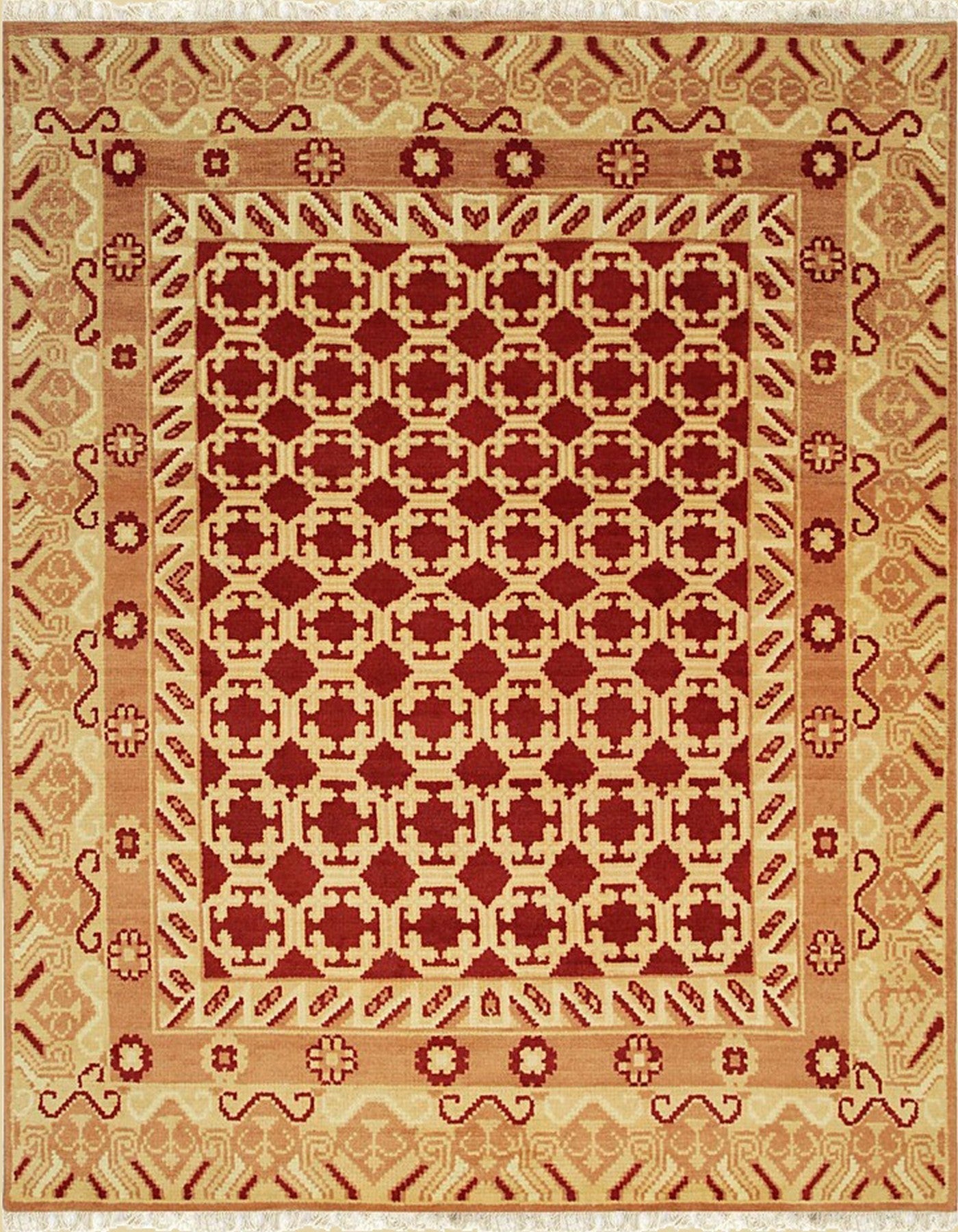 Red Khotan Splendor Hand-Knotted Wool Rug