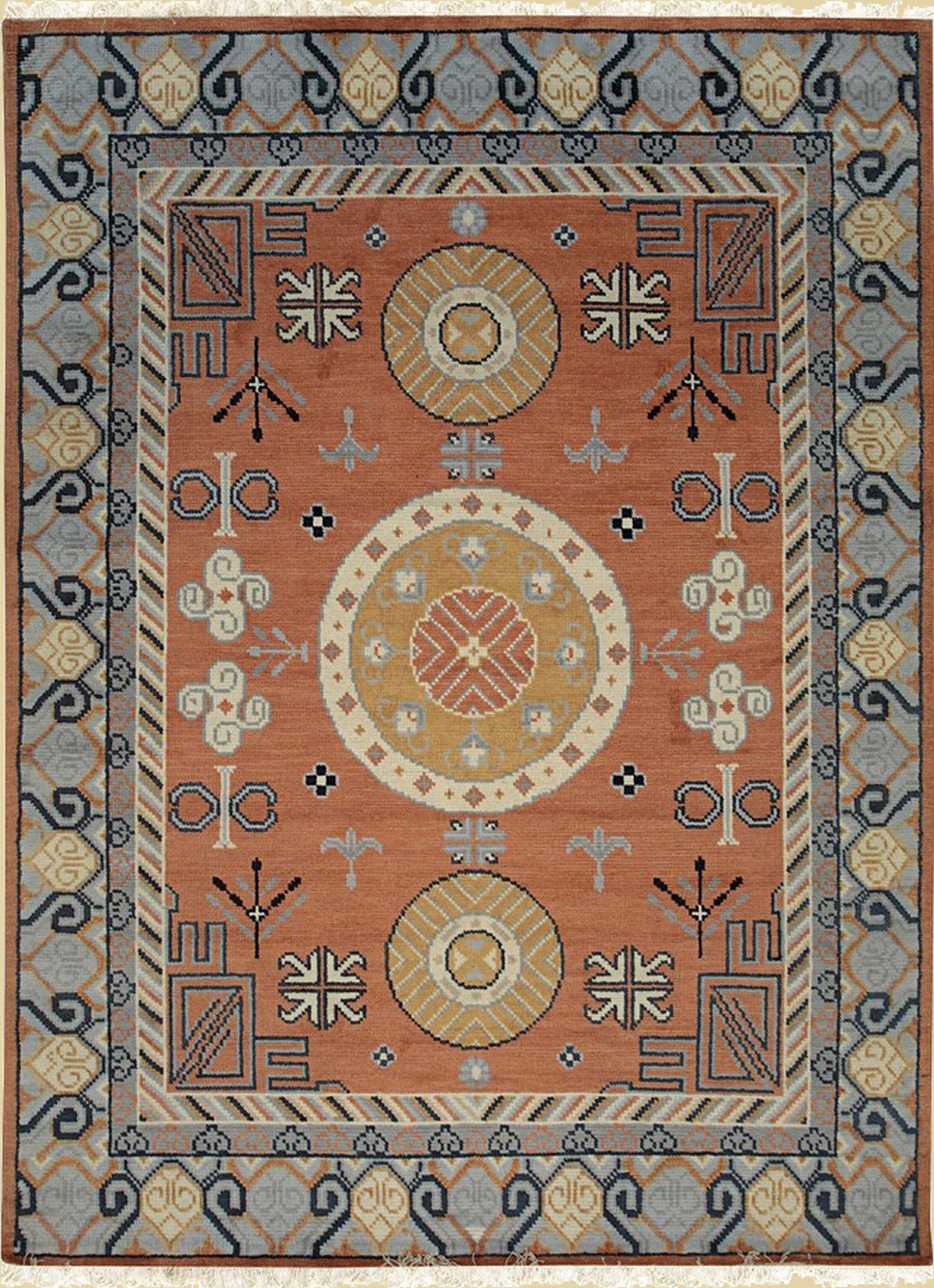 Rust Elegant Khotan Traditional Handmade Wool Masterpiece Rug