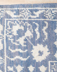 Ava Agra Blue Hand Knotted Wool & Bamboo Silk Rug, presenting a detailed close-up view highlighting the texture and color variations in the wool and silk blend, showcasing the intricate hand-knotted construction.