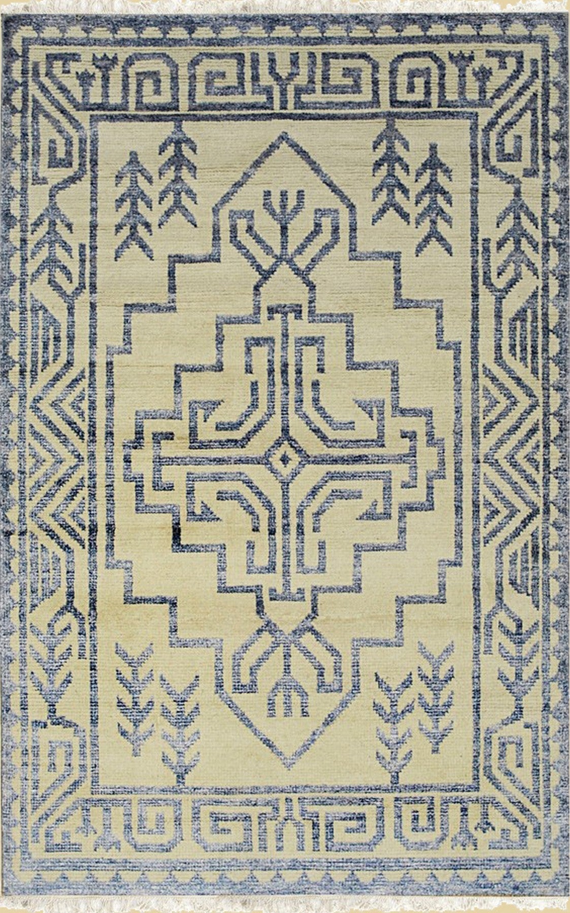 Louie Trara Blue Hand Knotted Wool &amp; Bamboo Silk Rug, showcasing its intricate design of overlapping geometric patterns in shades of blue and cream.