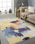 Fiona Trara Multicolor Handmade Bamboo Silk Rug, shimmering with vibrant hues, lies on a polished wooden floor, its luxurious bamboo silk fibers catching the light, showcasing a modern abstract design.