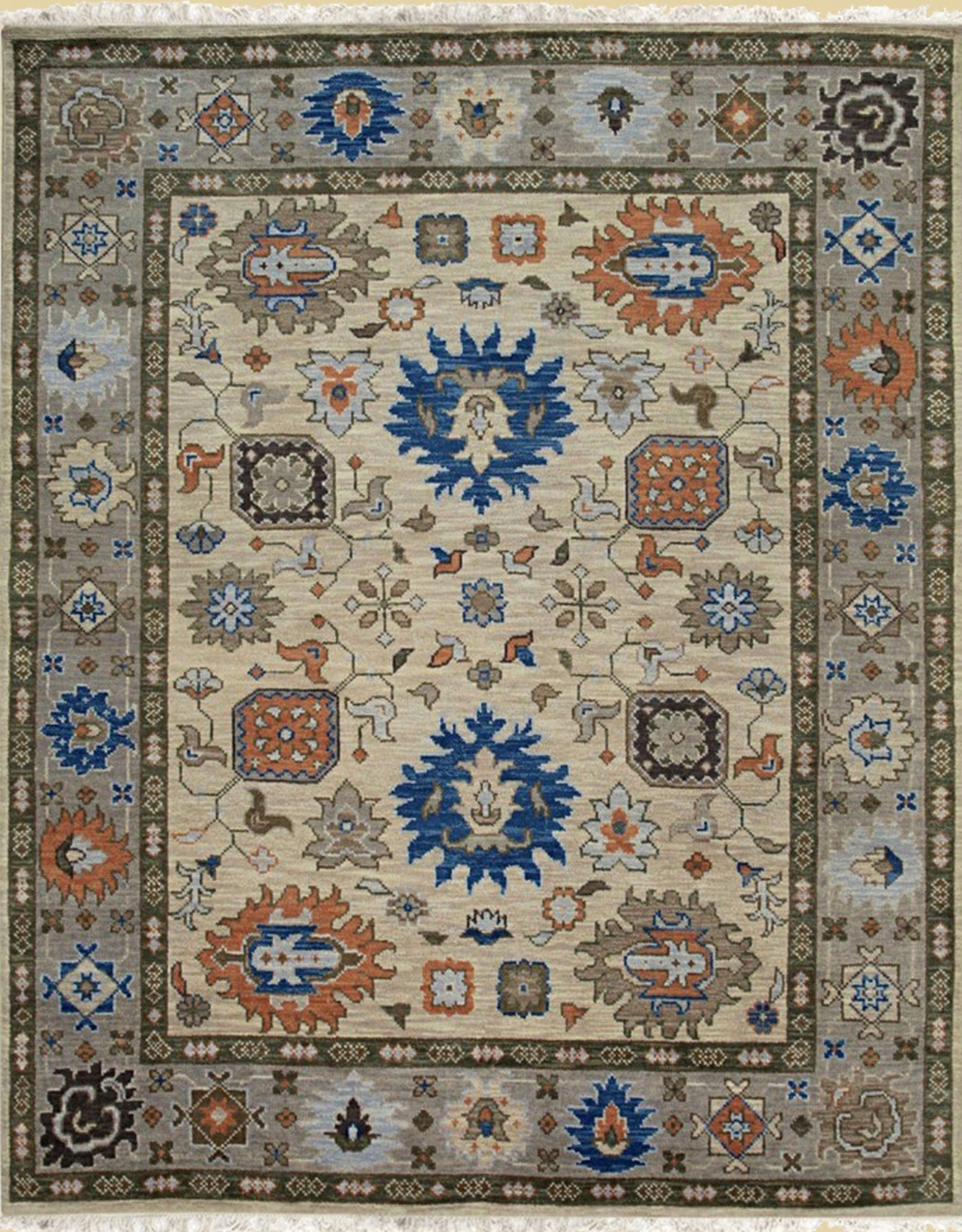 Beige & Blue Traditional Knot Rug