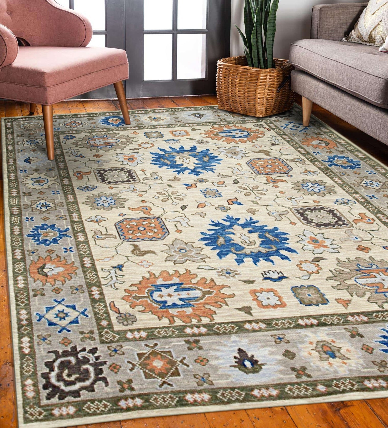 Beige & Blue Traditional Knot Rug