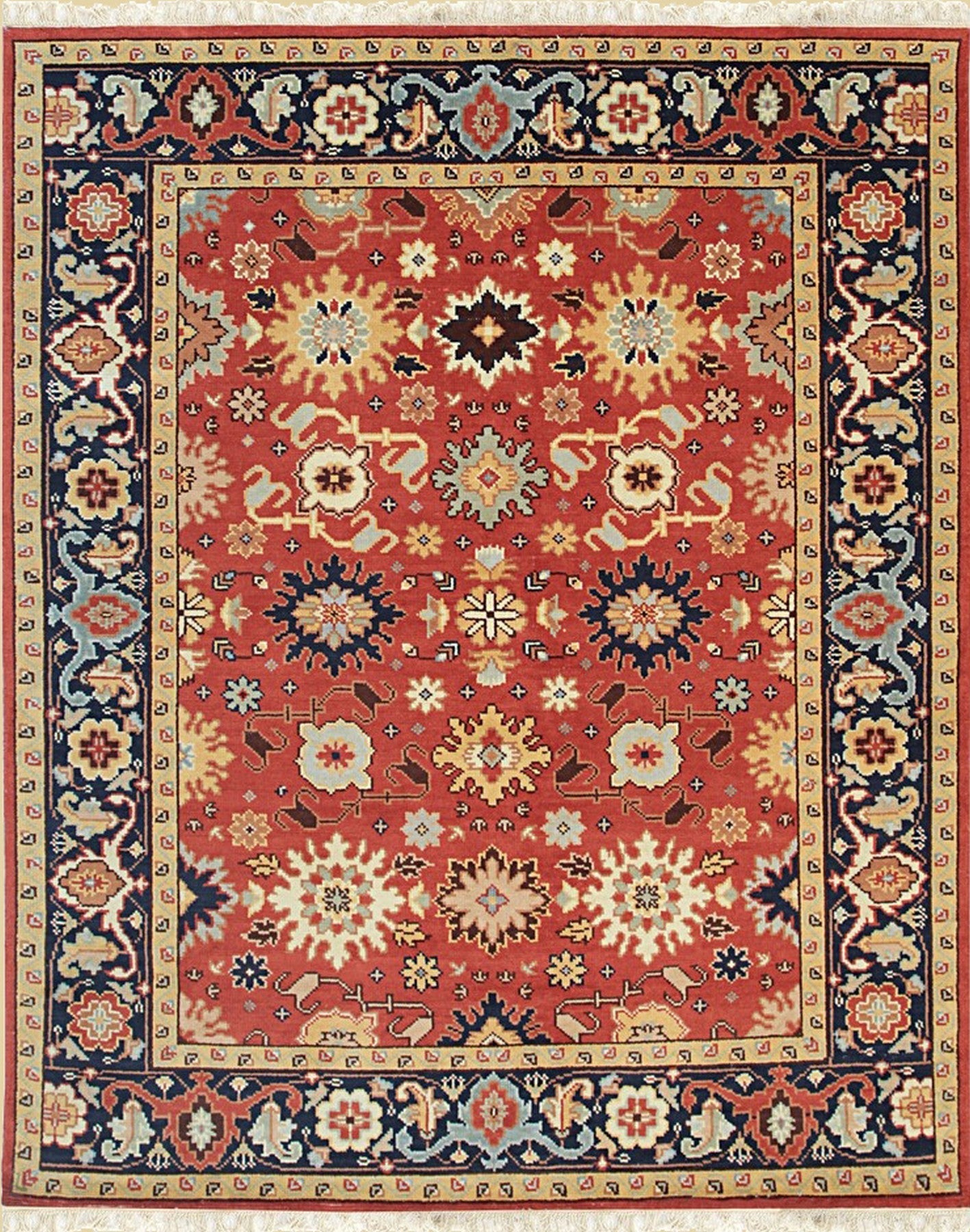 Isolated view of Kira Zinnia Rust Hand Knotted Wool Rug, showcasing its intricate floral medallion and geometric border.