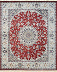 Isolated view of Selene Trara Red Hand Knotted Wool & Silk Rug, showcasing its intricate geometric design and vibrant red hues.