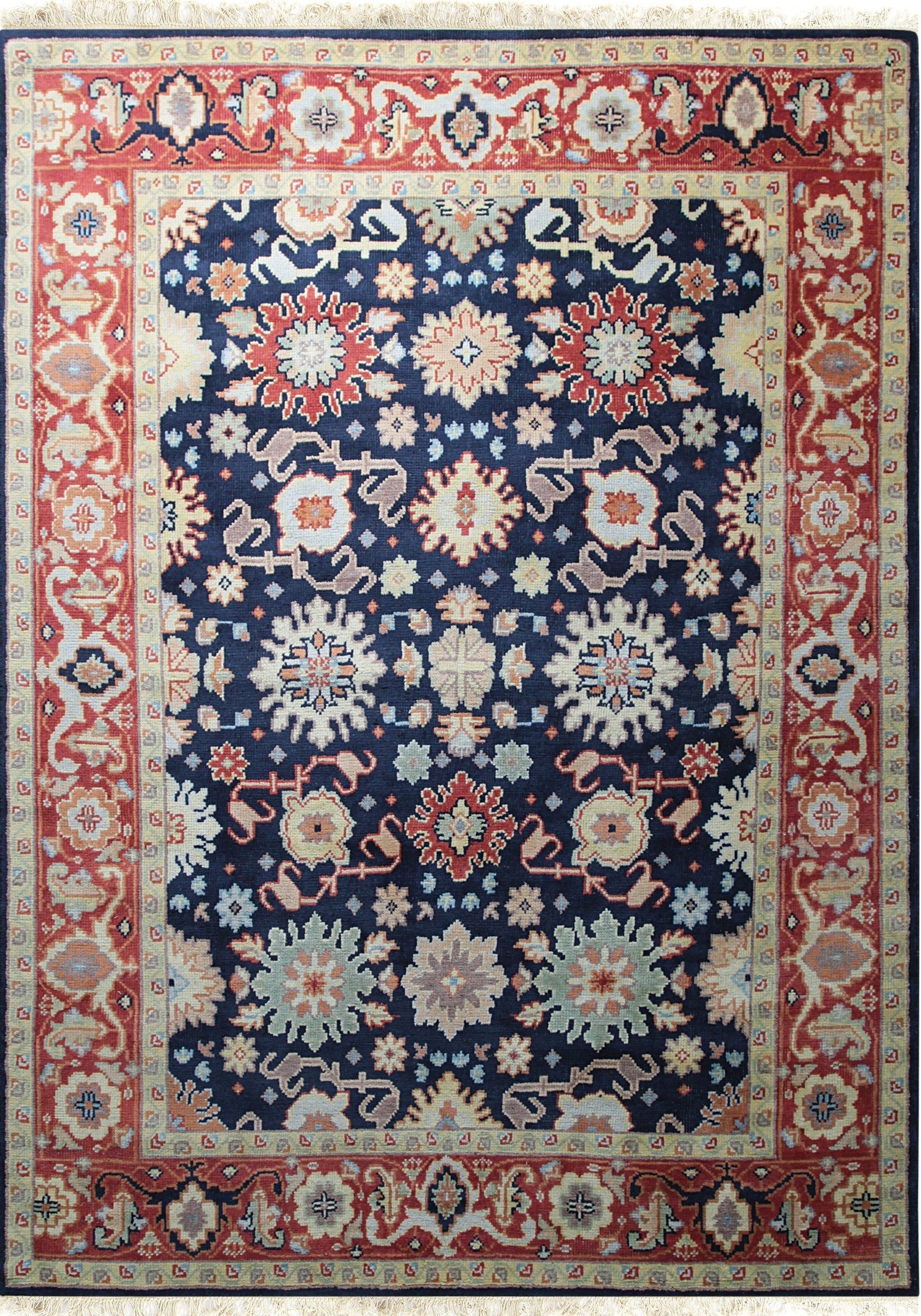 Isolated view of Violet Exquisite Navy Hand Knotted Wool Rug, showcasing its intricate, geometric design in deep navy hues.