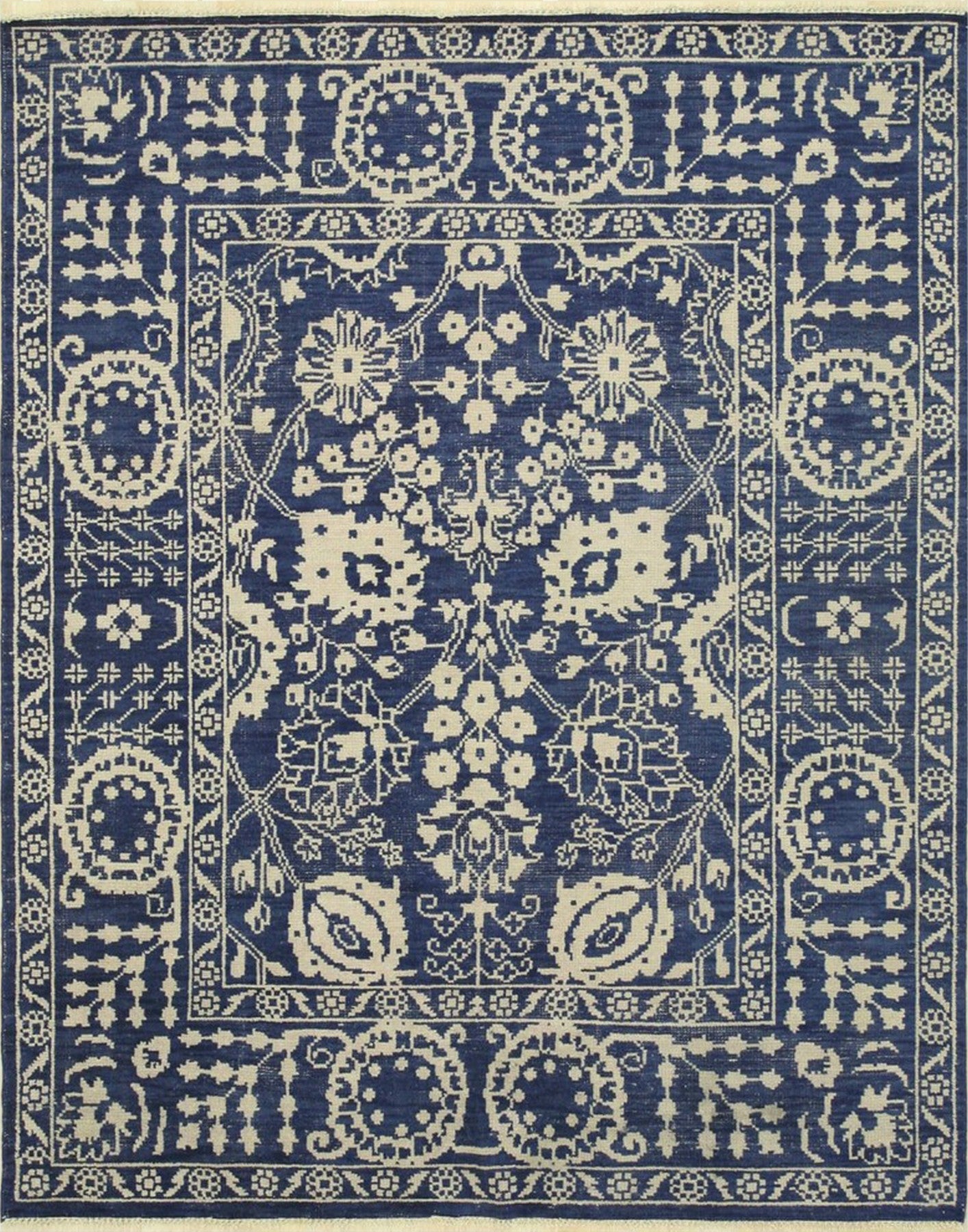 Isolated view of Alluring Freya Blue Hand Knotted Wool Rug, showcasing its intricate, geometric design and subtle color variations.