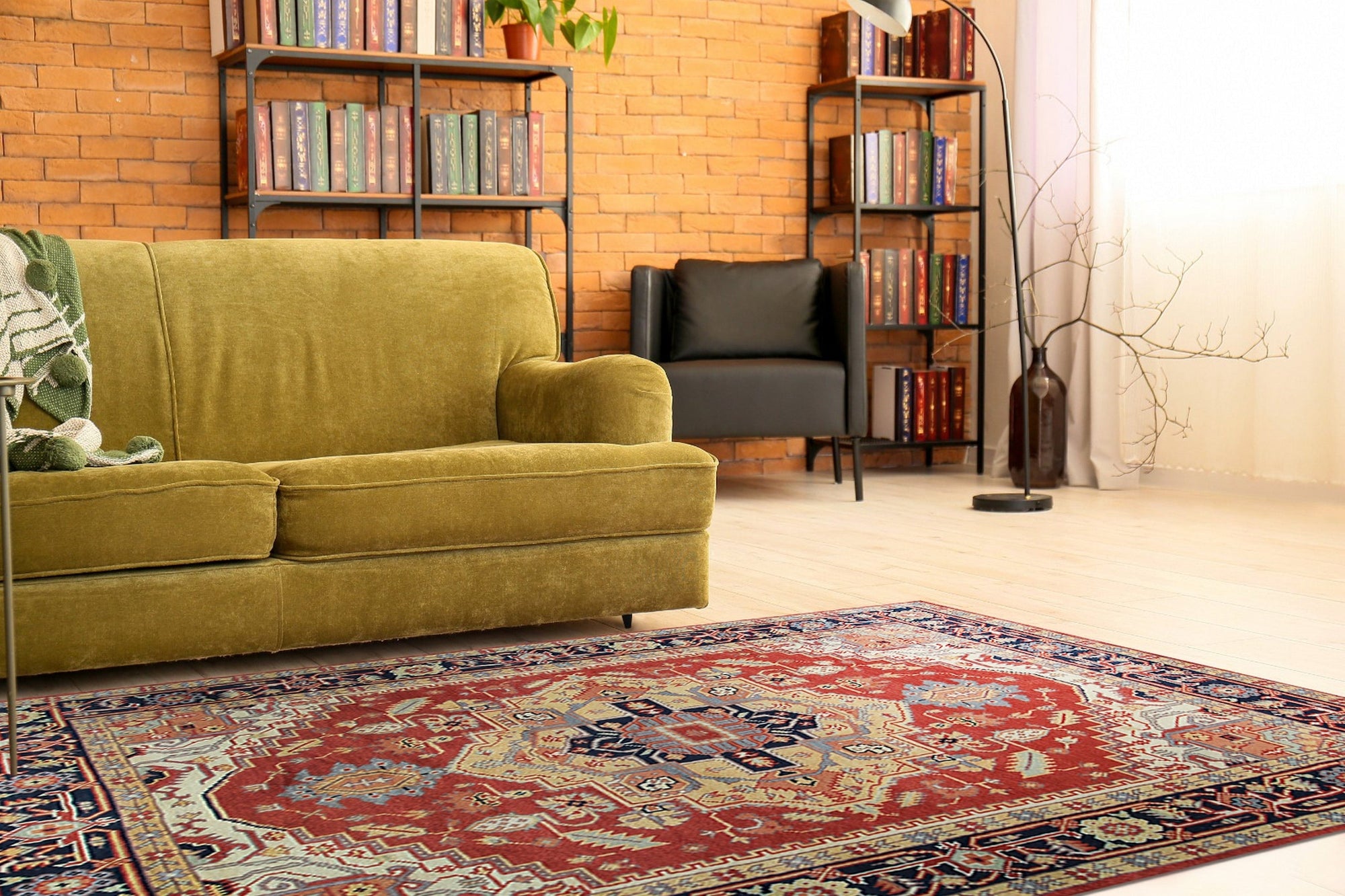 Harlow Oriental Rust Hand Knotted Wool Rug, displaying intricate floral patterns in warm rust tones, lies elegantly in a well-lit living space, lending traditional charm to the modern setting.