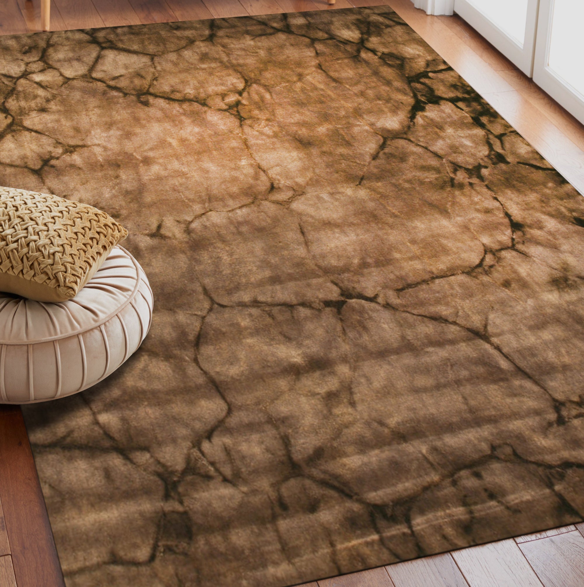 Artistic Violet Brown Hand Knotted Wool Rug, its deep violet and brown hues creating a rich, textural landscape in a softly lit interior, showcasing hand-knotted construction and subtle artistic details.