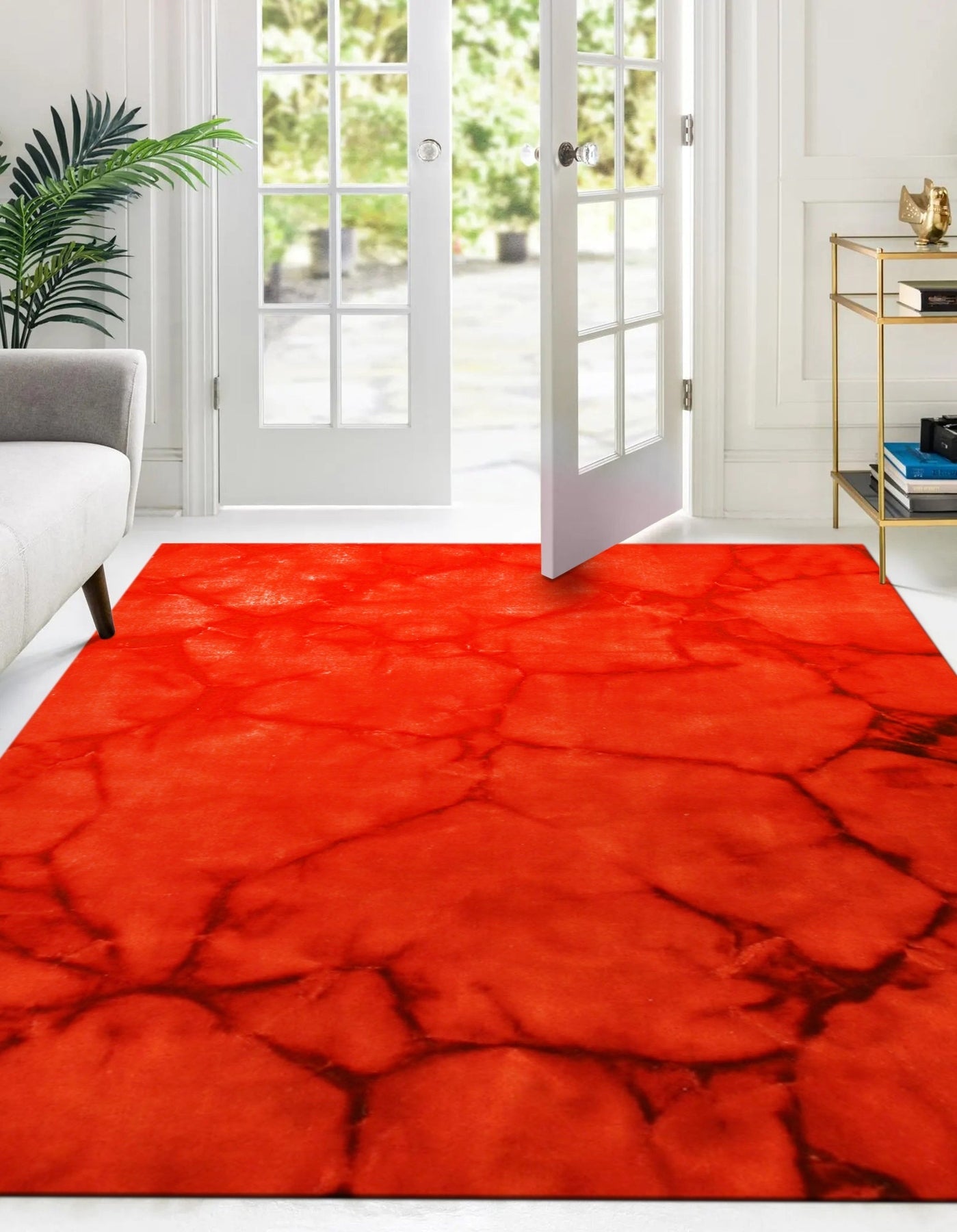 Freya Charming Red Hand Knotted Wool Rug, vibrant crimson tones dance across a hand-knotted wool surface, radiating warmth and timeless elegance within a comfortably styled living space.