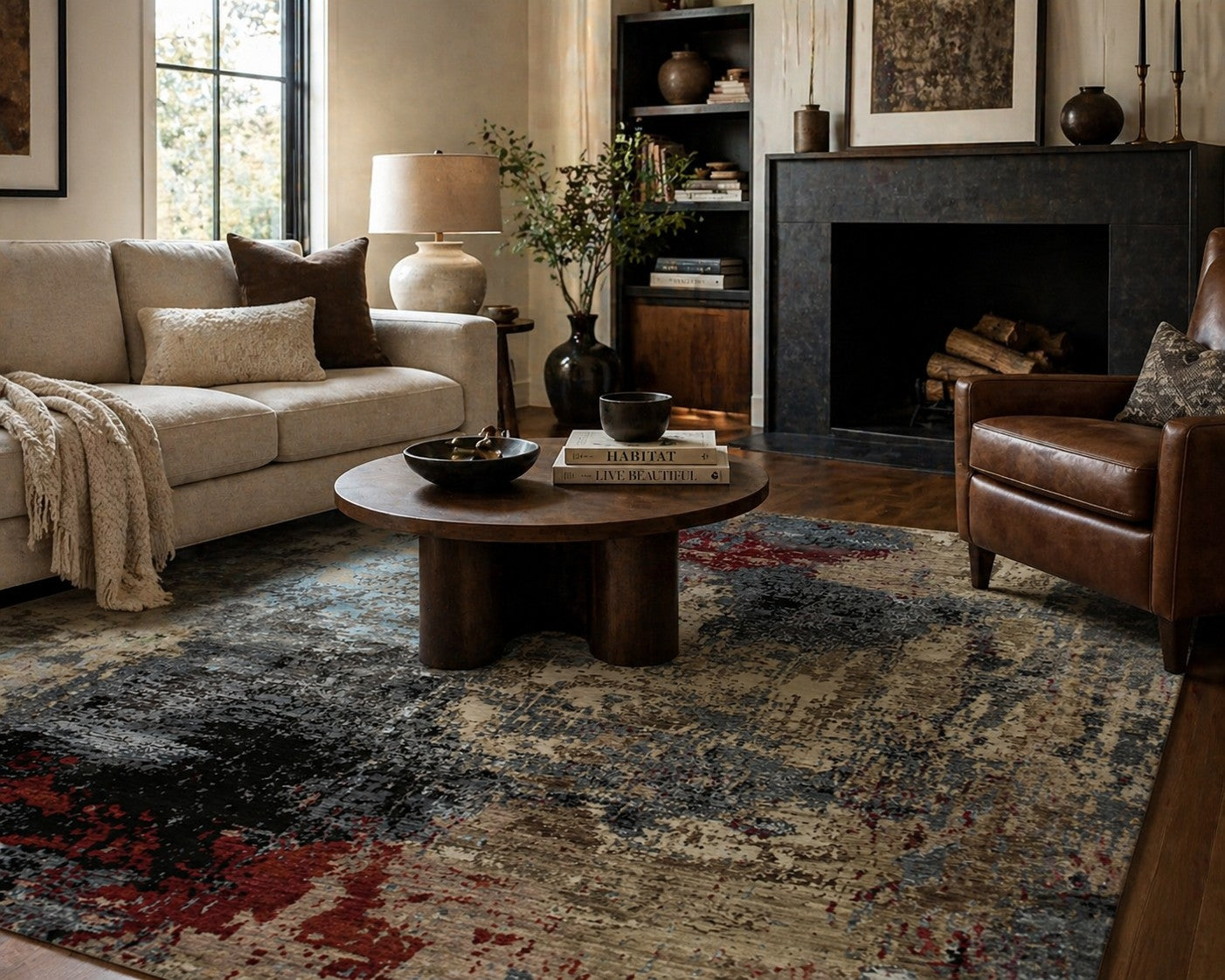 Cozy Modern Charcoal Hand Knotted Wool Rug 4x6 styled in a modern living room - charcoal grey area rug