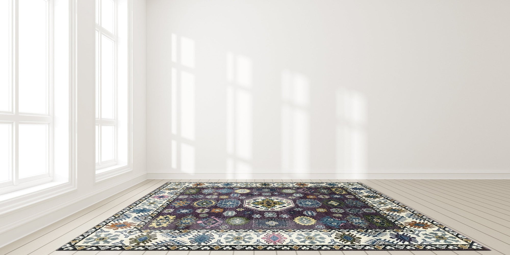 Cassandra Kazak Purple Hand Knotted Wool Rug, featuring deep purples and intricate traditional Kazak patterns, displayed in a home setting.