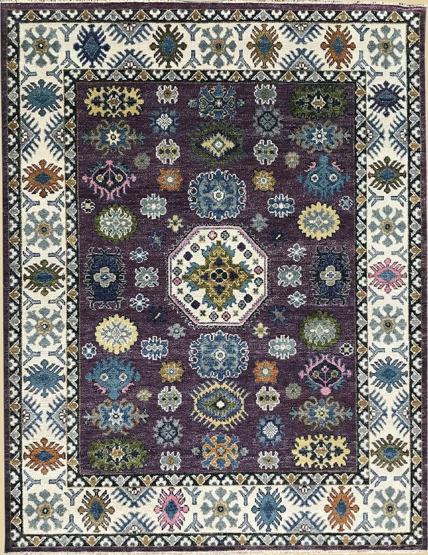 Isolated view of Cassandra Kazak Purple Hand Knotted Wool Rug, showcasing its intricate geometric design and rich, saturated hues.