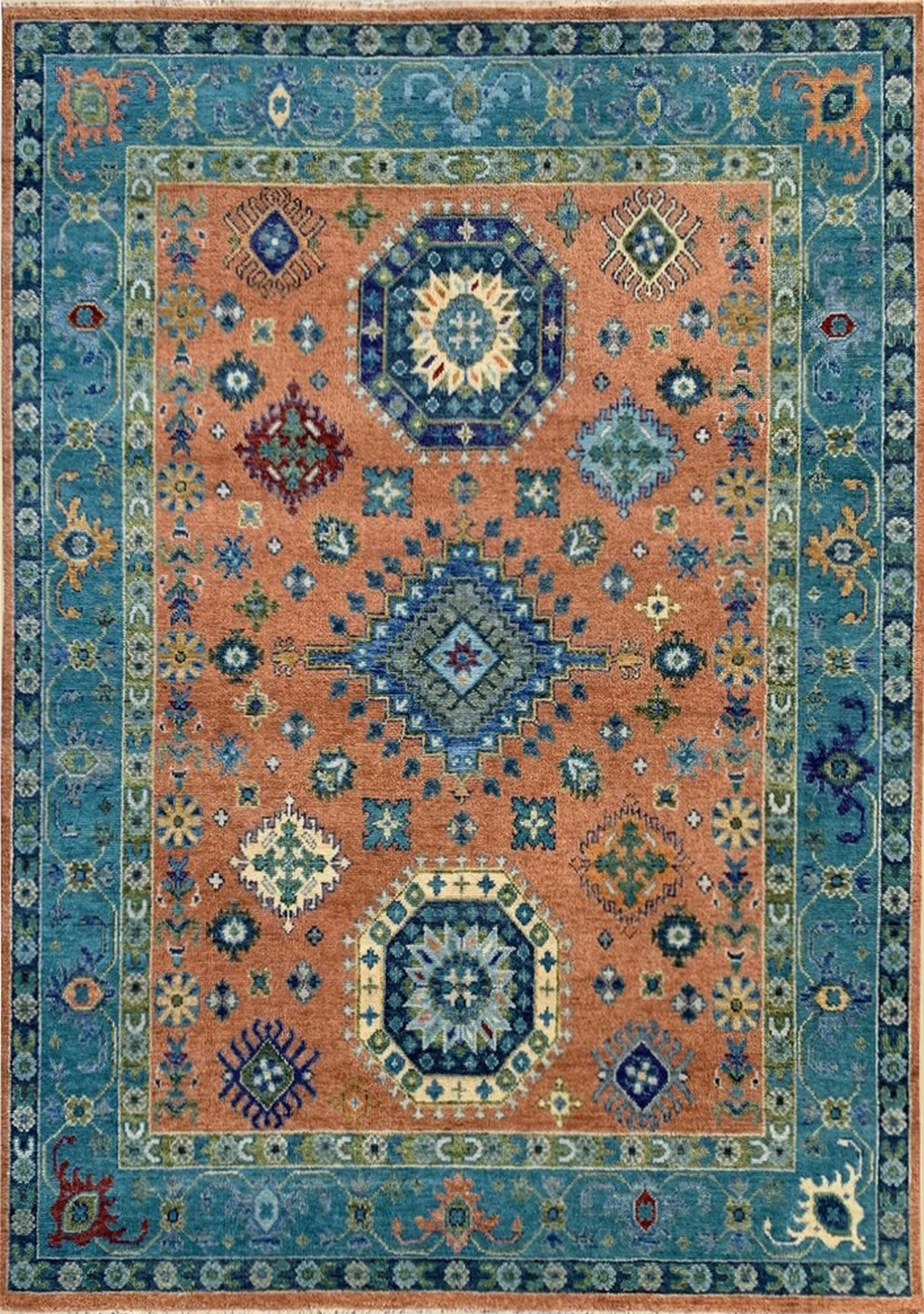 Isolated view of Ava Kazak Rust Hand Knotted Wool Rug, showcasing its design.